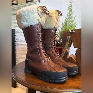 Ralph Lauren Sz 7B Brown Leather Fur-Lined Boots